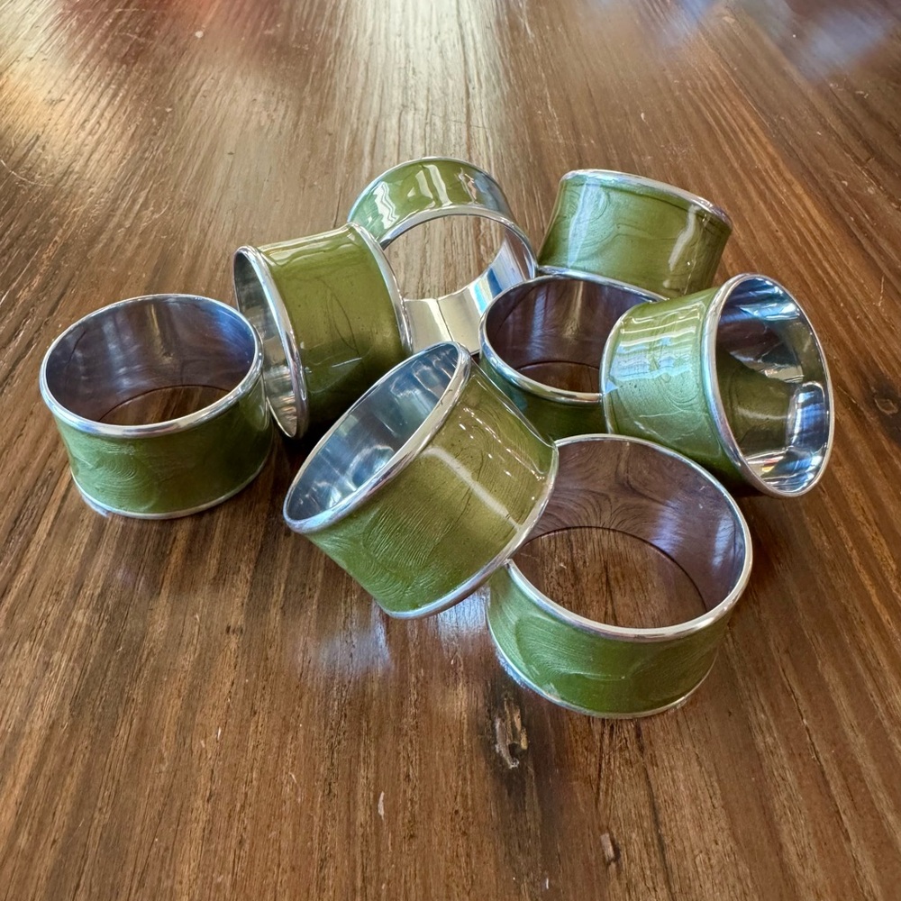 Crate & Barrel Green and Silver Napkin Rings Set of 8